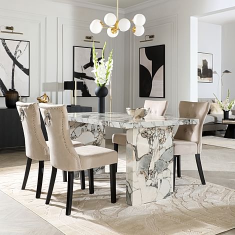 Caserta Dining Table & 4 Kensington Dining Chairs, Calacatta Viola Marble Effect, Champagne Classic Velvet & Black Solid Hardwood, 160cm