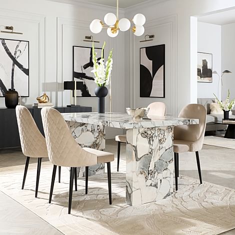 Caserta Dining Table & 4 Ricco Dining Chairs, Calacatta Viola Marble Effect, Champagne Classic Velvet & Black Steel, 160cm