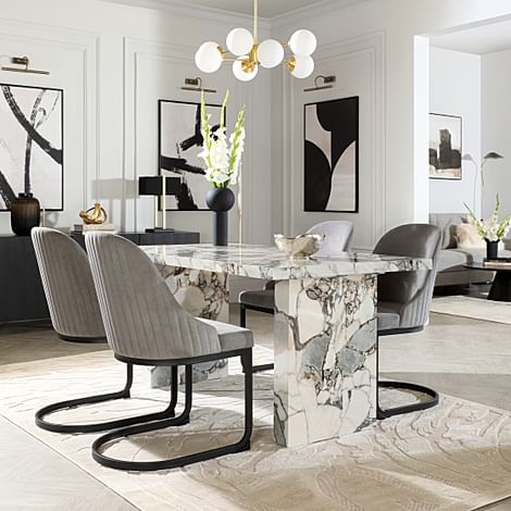 Caserta Dining Table & 4 Riva Dining Chairs, Calacatta Viola Marble Effect, Grey Classic Velvet & Black Steel, 160cm