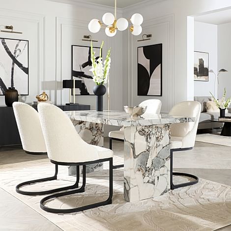 Caserta Dining Table & 4 Riva Dining Chairs, Calacatta Viola Marble Effect, Ivory Classic Boucle Fabric & Black Steel, 160cm