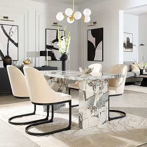 Caserta Dining Table & 4 Riva Dining Chairs, Calacatta Viola Marble Effect, Ivory Classic Plush Fabric & Black Steel, 160cm