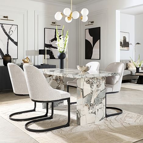 Caserta Dining Table & 4 Riva Dining Chairs, Calacatta Viola Marble Effect, Light Grey Classic Boucle Fabric & Black Steel, 160cm