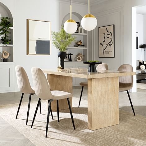 Caserta Dining Table & 4 Brooklyn Dining Chairs, Travertine Stone Effect, Champagne Classic Velvet & Black Steel, 160cm