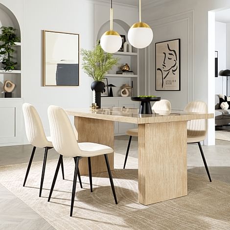 Caserta Dining Table & 4 Brooklyn Dining Chairs, Travertine Stone Effect, Ivory Classic Plush Fabric & Black Steel, 160cm