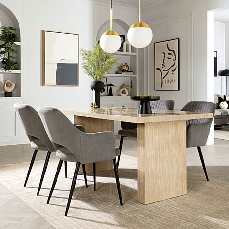 Caserta Dining Table & 4 Clara Dining Chairs, Travertine Stone Effect, Grey Classic Velvet & Black Steel, 160cm