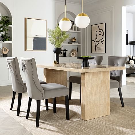 Caserta Dining Table & 4 Kensington Dining Chairs, Travertine Stone Effect, Grey Classic Velvet & Black Solid Hardwood, 160cm