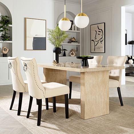 Caserta Dining Table & 4 Kensington Dining Chairs, Travertine Stone Effect, Ivory Classic Plush Fabric & Black Solid Hardwood, 160cm