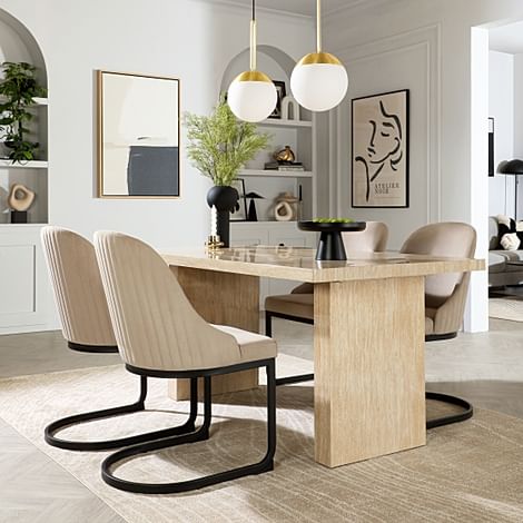 Caserta Dining Table & 4 Riva Dining Chairs, Travertine Stone Effect, Champagne Classic Velvet Black Steel, 160cm