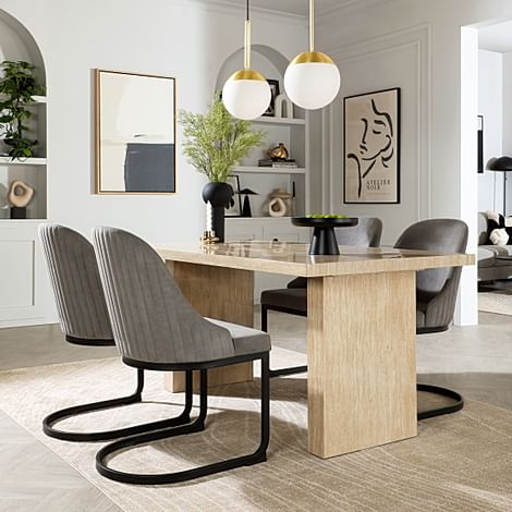 Caserta Dining Table & 4 Riva Dining Chairs, Travertine Stone Effect, Grey Classic Velvet Black Steel, 160cm