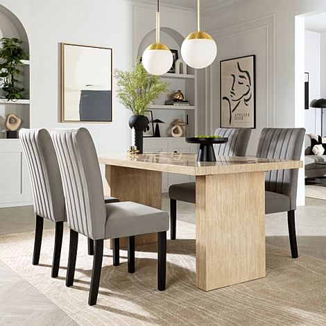 Caserta Dining Table & 4 Salisbury Dining Chairs, Travertine Stone Effect, Grey Classic Velvet & Black Solid Hardwood, 160cm