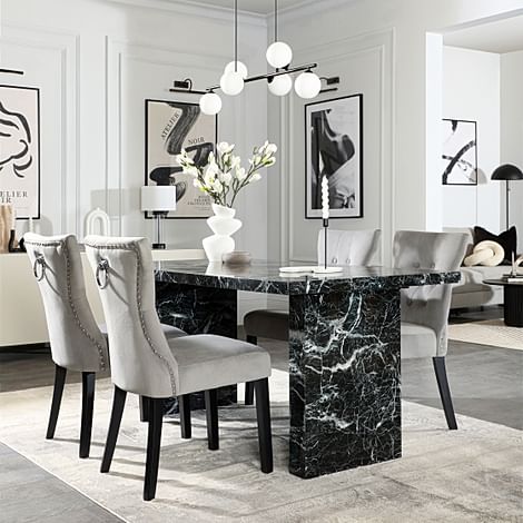 Caserta Dining Table & 4 Kensington Dining Chairs, Black Marble Effect, Grey Classic Velvet & Black Solid Hardwood, 160cm