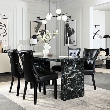 Caserta Dining Table & 4 Kensington Dining Chairs, Black Marble Effect, Black Premium Faux Leather & Black Solid Hardwood, 160cm