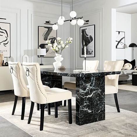 Caserta Dining Table & 4 Kensington Dining Chairs, Black Marble Effect, Ivory Classic Plush Fabric & Black Solid Hardwood, 160cm