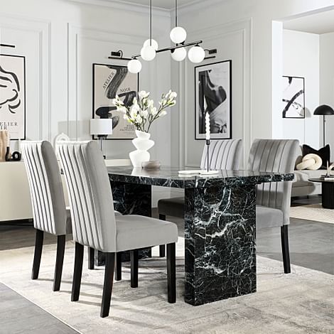 Caserta Dining Table & 4 Salisbury Dining Chairs, Black Marble Effect, Grey Classic Velvet & Black Solid Hardwood, 160cm