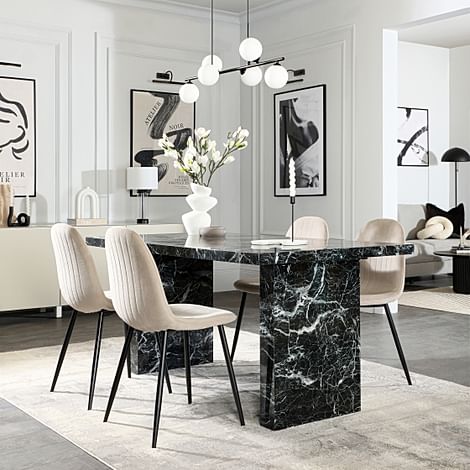 Caserta Dining Table & 4 Brooklyn Dining Chairs, Black Marble Effect, Champagne Classic Velvet & Black Steel, 160cm