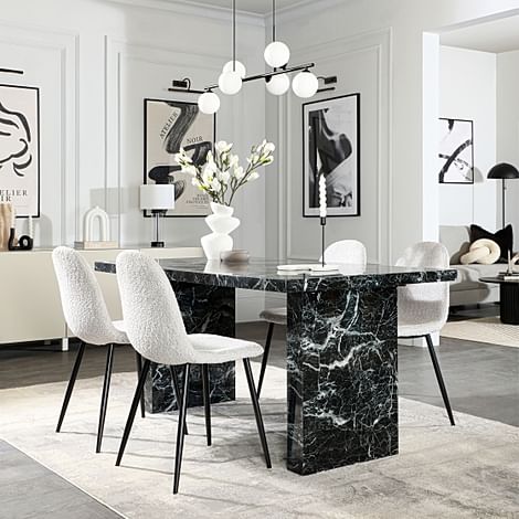 Caserta Dining Table & 4 Brooklyn Dining Chairs, Black Marble Effect, Light Grey Classic Boucle Fabric & Black Steel, 160cm