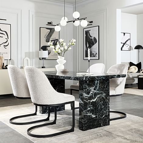 Caserta Dining Table & 4 Riva Dining Chairs, Black Marble Effect, Light Grey Classic Boucle Fabric & Black Steel, 160cm