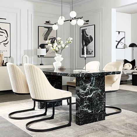 Caserta Dining Table & 4 Riva Dining Chairs, Black Marble Effect, Ivory Classic Plush Fabric & Black Steel, 160cm