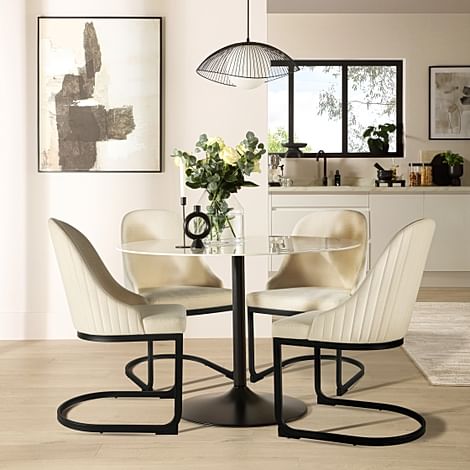 Orbit Round Dining Table & 4 Riva Chairs, White Marble Effect & Black Steel, Ivory Classic Plush Fabric, 110cm