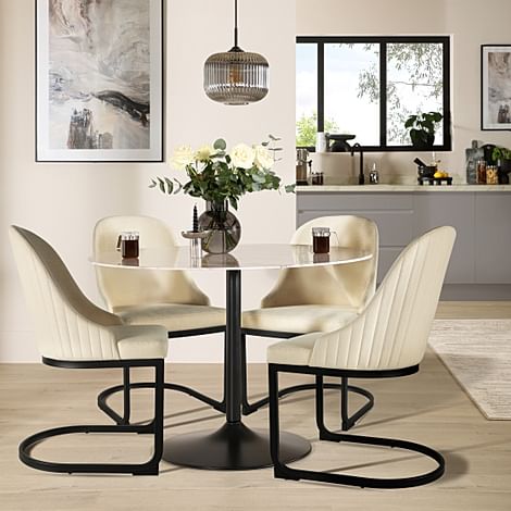 Orbit Round Dining Table & 4 Riva Chairs, Grey Marble Effect & Black Steel, Ivory Classic Plush Fabric, 110cm
