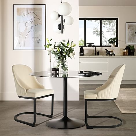 Orbit Round Dining Table & 2 Riva Chairs, Black Marble Effect & Black Steel, Ivory Classic Plush Fabric, 110cm
