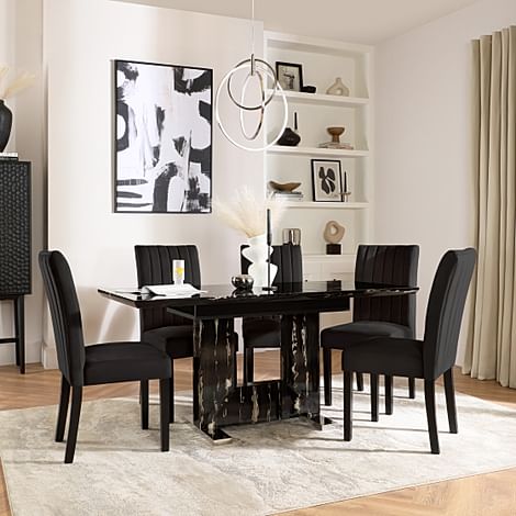 Florence Extending Dining Table & 4 Salisbury Chairs, Black Marble Effect, Black Classic Velvet & Black Solid Hardwood, 120-160cm