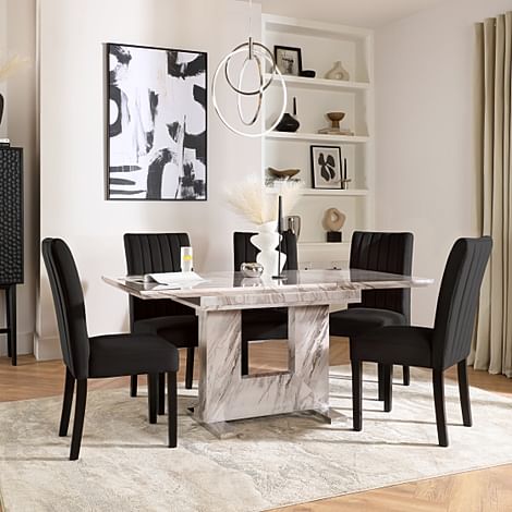 Florence Extending Dining Table & 6 Salisbury Chairs, Grey Marble Effect, Black Classic Velvet & Black Solid Hardwood, 120-160cm