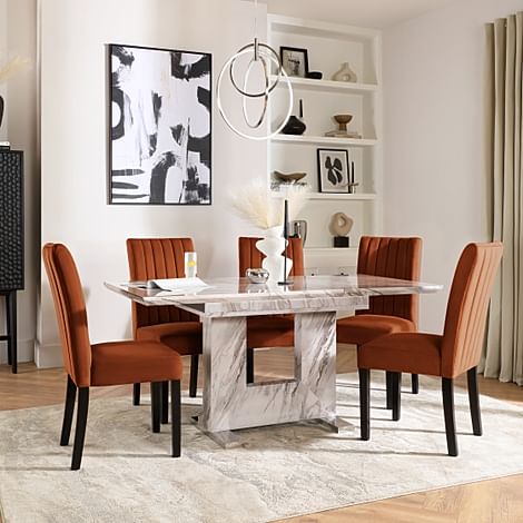 Florence Extending Dining Table & 4 Salisbury Chairs, Grey Marble Effect, Burnt Orange Classic Velvet & Black Solid Hardwood, 120-160cm