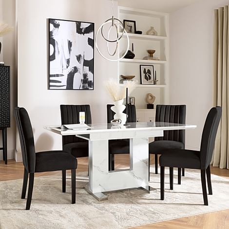 Florence Extending Dining Table & 6 Salisbury Chairs, White Marble Effect, Black Classic Velvet & Black Solid Hardwood, 120-160cm