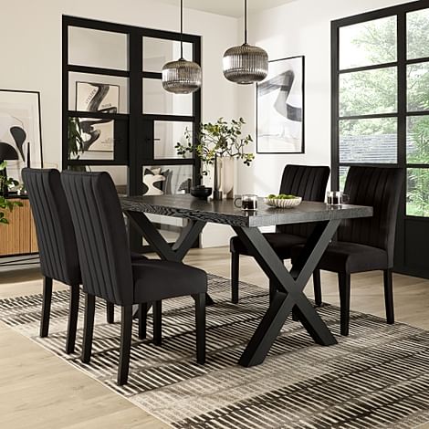 Franklin Dining Table & 4 Salisbury Chairs, Black Oak Effect & Black Steel, Black Classic Velvet & Black Solid Hardwood, 150cm