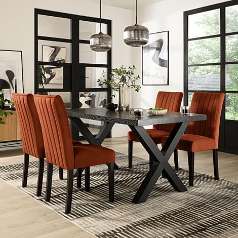 Franklin Dining Table & 4 Salisbury Chairs, Black Oak Effect & Black Steel, Burnt Orange Classic Velvet & Black Solid Hardwood, 150cm