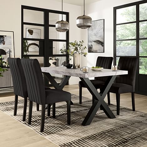 Franklin Dining Table & 4 Salisbury Chairs, Grey Marble Effect & Black Steel, Black Classic Velvet & Black Solid Hardwood, 150cm