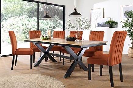 Grange Extending Dining Table & 6 Salisbury Chairs, Natural Oak Veneer & Black Solid Hardwood, Burnt Orange Classic Velvet, 180-220cm