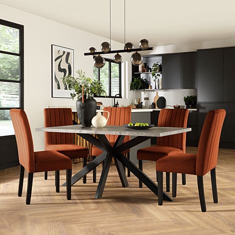 Madison Industrial Dining Table & 6 Salisbury Chairs, Grey Concrete Effect & Black Steel, Burnt Orange Classic Velvet & Black Solid Hardwood, 160cm