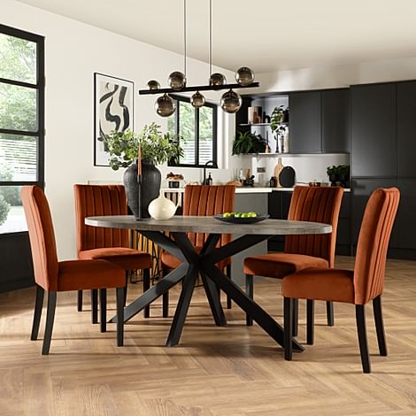 Madison Oval Industrial Dining Table & 6 Salisbury Chairs, Grey Concrete Effect & Black Steel, Burnt Orange Classic Velvet & Black Solid Hardwood, 180cm