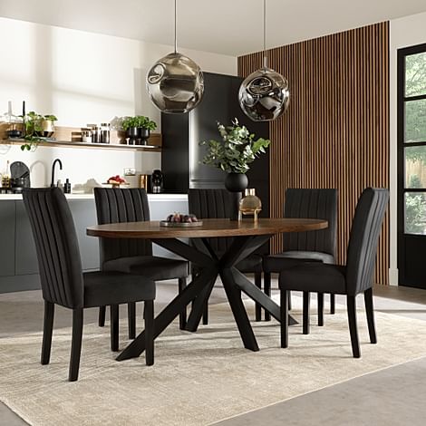 Madison Oval Industrial Dining Table & 4 Salisbury Chairs, Walnut Effect & Black Steel, Black Classic Velvet & Black Solid Hardwood, 180cm