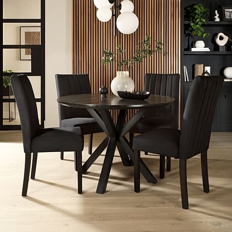 Newark Round Dining Table & 4 Salisbury Chairs, Black Oak Effect & Black Steel, Black Classic Velvet & Black Solid Hardwood, 110cm