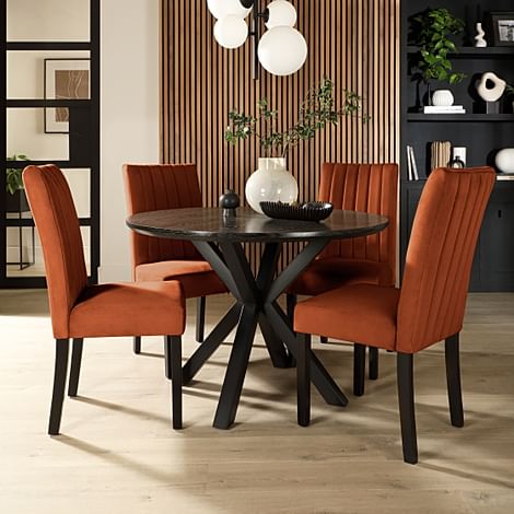 Newark Round Dining Table & 4 Salisbury Chairs, Black Oak Effect & Black Steel, Burnt Orange Classic Velvet & Black Solid Hardwood, 110cm