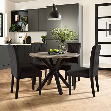 Newark Round Industrial Dining Table & 4 Salisbury Chairs, Grey Concrete Effect & Black Steel, Black Classic Velvet & Black Solid Hardwood, 110cm