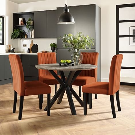 Newark Round Industrial Dining Table & 4 Salisbury Chairs, Grey Concrete Effect & Black Steel, Burnt Orange Classic Velvet & Black Solid Hardwood, 110cm