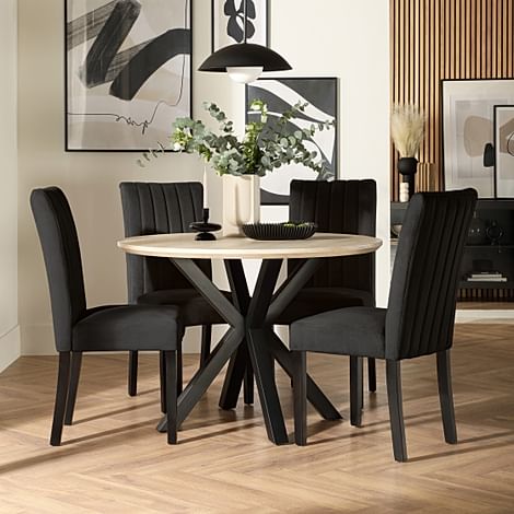 Newark Round Dining Table & 4 Salisbury Chairs, Light Oak Effect & Black Steel, Black Classic Velvet & Black Solid Hardwood, 110cm