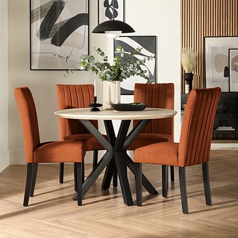 Newark Round Dining Table & 4 Salisbury Chairs, Light Oak Effect & Black Steel, Burnt Orange Classic Velvet & Black Solid Hardwood, 110cm