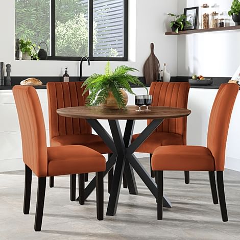 Newark Round Industrial Dining Table & 4 Salisbury Chairs, Walnut Effect & Black Steel, Burnt Orange Classic Velvet & Black Solid Hardwood, 110cm