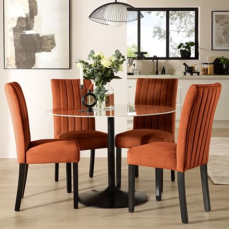 Orbit Round Dining Table & 4 Salisbury Chairs, White Marble Effect & Black Steel, Burnt Orange Classic Velvet & Black Solid Hardwood, 110cm