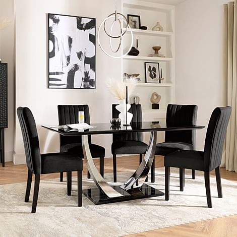 Peake Dining Table & 4 Salisbury Chairs, Black Marble Effect & Chrome, Black Classic Velvet & Black Solid Hardwood, 160cm