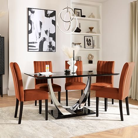 Peake Dining Table & 4 Salisbury Chairs, Black Marble Effect & Chrome, Burnt Orange Classic Velvet & Black Solid Hardwood, 160cm