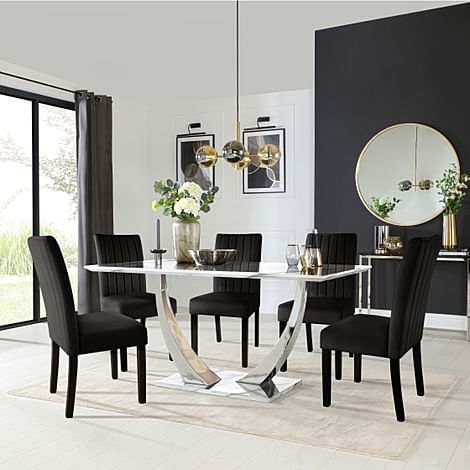 Peake Dining Table & 6 Salisbury Chairs, White Marble Effect & Chrome, Black Classic Velvet & Black Solid Hardwood, 160cm