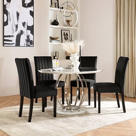 Savoy Round Dining Table & 4 Salisbury Chairs, White Marble Effect & Chrome, Black Classic Velvet & Black Solid Hardwood, 120cm