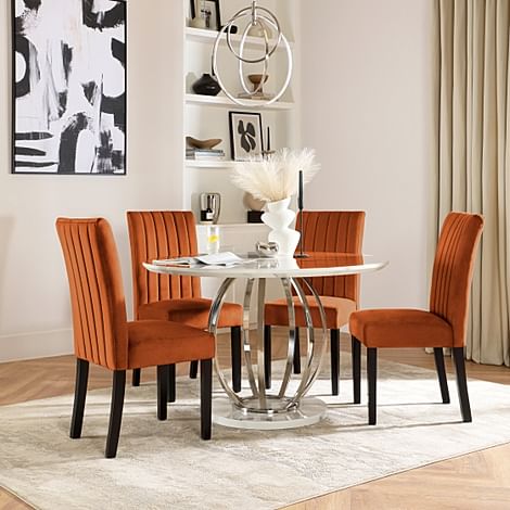 Savoy Round Dining Table & 4 Salisbury Chairs, White Marble Effect & Chrome, Burnt Orange Classic Velvet & Black Solid Hardwood, 120cm