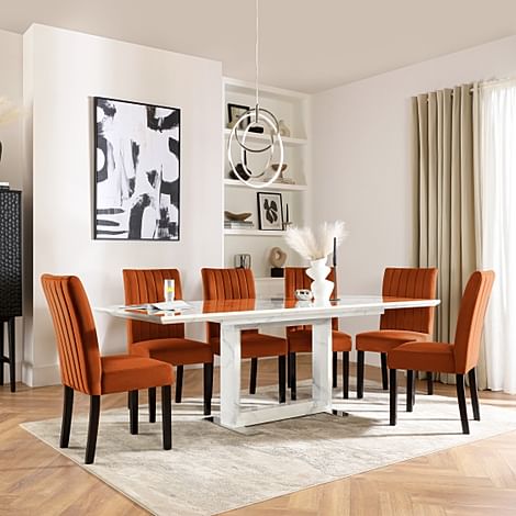 Tokyo Extending Dining Table & 4 Salisbury Chairs, White Marble Effect, Burnt Orange Classic Velvet & Black Solid Hardwood, 160-220cm